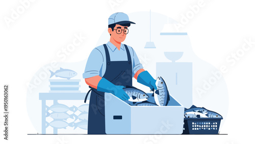 Fishmonger with Fresh Catch: A fishmonger meticulously handles freshly caught fish within a clean, commercial setting, showcasing industry standards and the supply chain. 