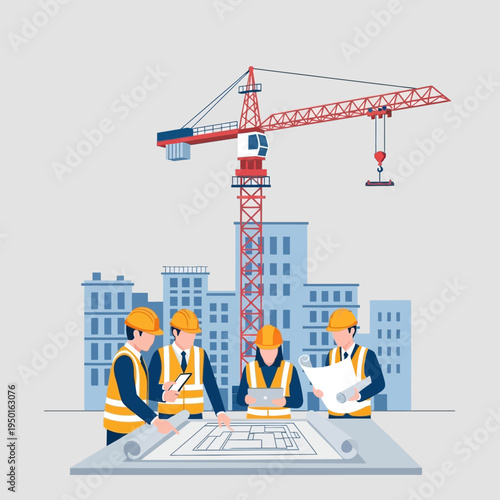 Construction Team Discussing Blueprints with Crane and Buildings