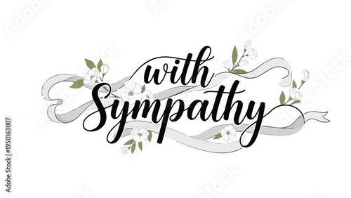 Elegant calligraphic 'With Sympathy' inscription with delicate white flowers and flowing grey ribbons, conveying heartfelt solace and remembrance