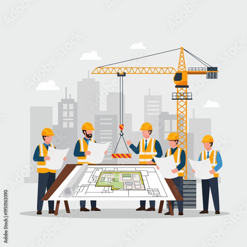 Construction Team Meeting: Architects Reviewing Blueprints with Crane and Cityscape Background