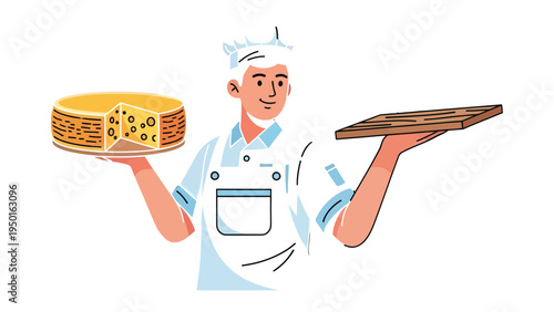 Artisan Cheese Maker's Showcase: A skilled cheese artisan proudly presents a freshly crafted wheel of cheese alongside a serving board, exemplifying expertise in craftsmanship and culinary artistry.