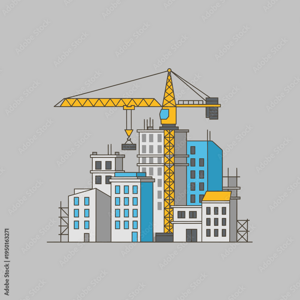 Obraz premium Construction Site with Crane and Modern Buildings Under Development