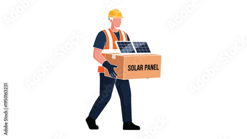 Solar Panel Installation: An industrious technician, clad in safety gear, confidently carries a box labeled Solar Panel.