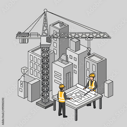 Construction site with crane and architects reviewing blueprints, city skyline in background