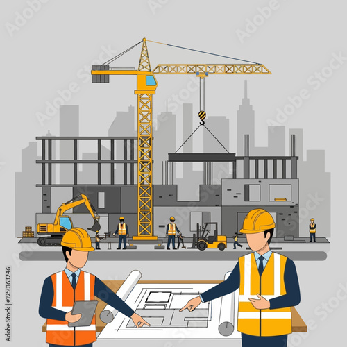Construction site with architects reviewing blueprints and crane lifting beam