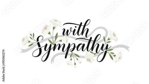 A delicate calligraphic expression conveying profound heartfelt sympathy adorned with serene white blossoms intertwined with graceful flowing
