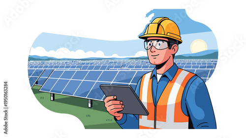Solar Field Inspection: An inspector stands proudly in a field of solar panels, with a digital tablet in hand, ensuring optimal energy capture. Demonstrating commitment to sustainability.