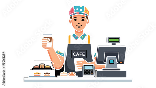 Barista's Warm Welcome: A cheerful barista, holding a cup of coffee, stands ready to serve with a smile, embodying warmth and hospitality in a bustling cafe setting.
