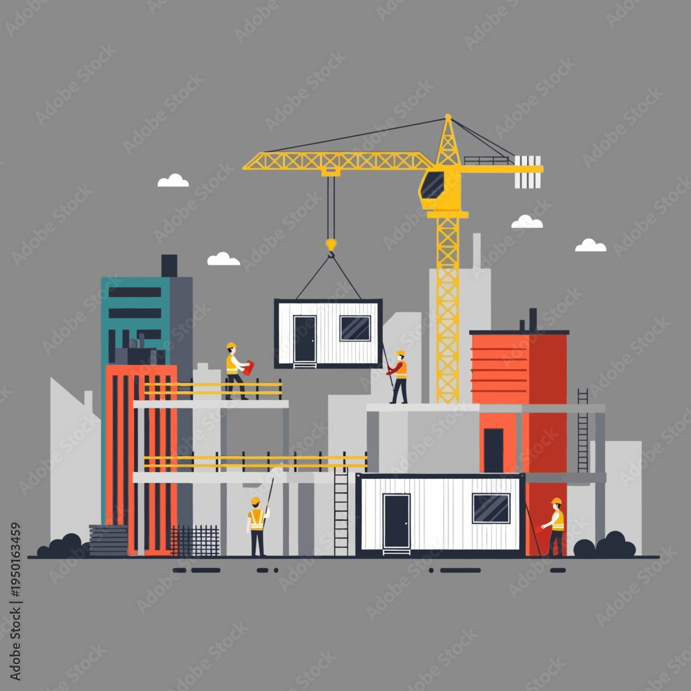 Fototapeta premium Construction site with crane lifting modular building, workers assembling new skyscraper