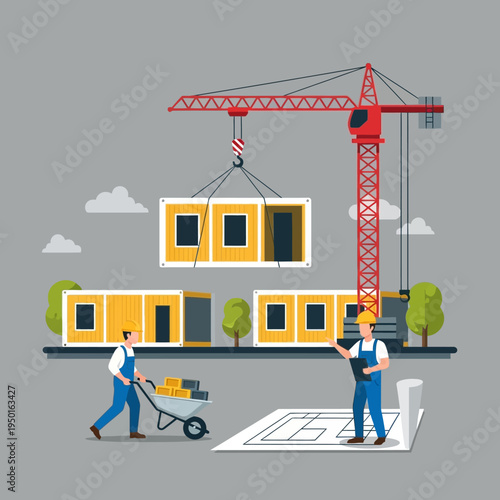 Construction site with crane lifting modular building units, workers and blueprints