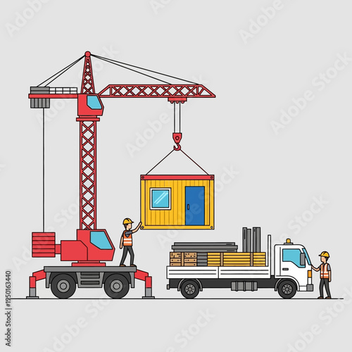 Construction site with crane lifting modular building, workers and truck