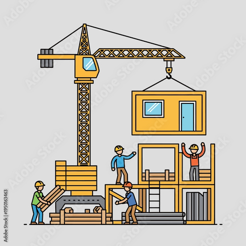 Construction site with crane lifting modular building, workers assembling house frame