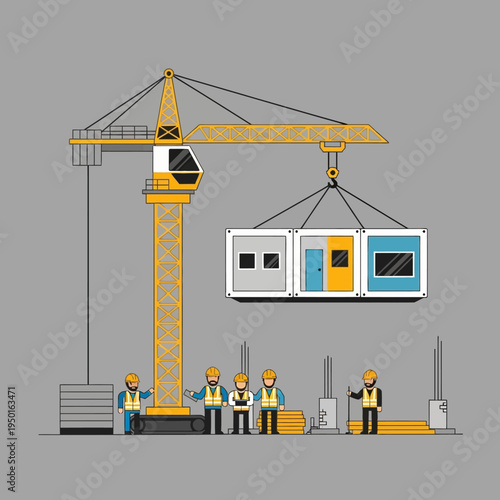 Construction Site with Crane Lifting Modular Units and Workers