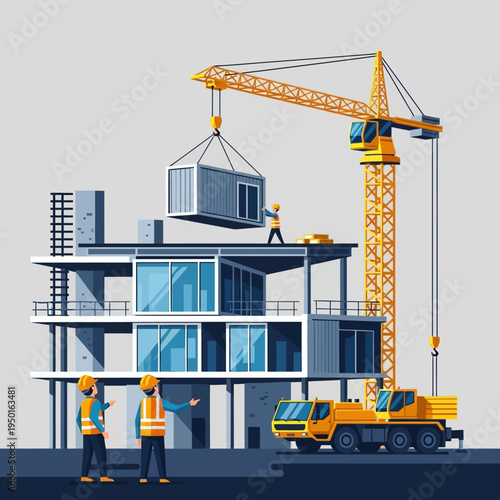 Construction Site with Crane Lifting Module and Workers Overseeing Building Progress