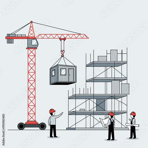 Construction site with crane lifting module and workers discussing blueprints