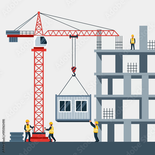 Construction site with crane lifting module onto building, workers in hard hats