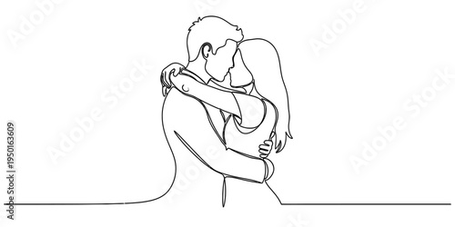 Continuous one line drawing of romantic couple embracing and hugging