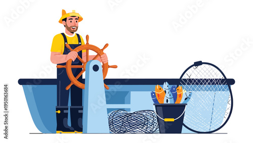 The Fisherman's Haul: A cheerful fisherman navigates his boat with a full catch, his expertise and joy evident in the illustration