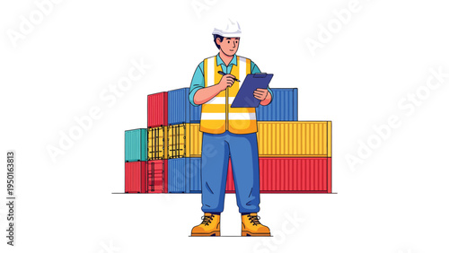 Logistics Inspector at Work: A diligent logistics inspector stands amidst a stack of cargo containers, meticulously reviewing documents.