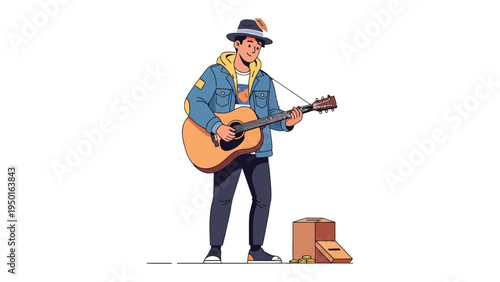 Melody of the Streets: A street musician's soulful performance, lost in the music with his guitar. Capturing the spirit of busking, with a hat and a donation box.