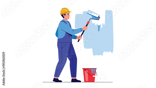 Painter at Work: A painter meticulously applies a fresh coat of paint to a wall, transforming the surface with precision. 