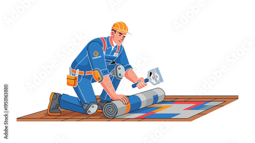 Flooring Installation: A skilled construction worker expertly installs a roll of flooring on a prepared surface, demonstrating precision and expertise in their craft.