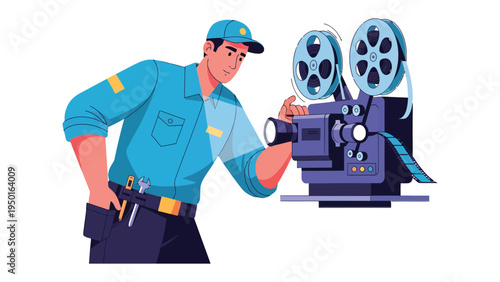 Capturing Cinematic Moments: A skilled cinematographer diligently operates a vintage film camera, ready to capture a scene. Embodying the art of visual storytelling and film production