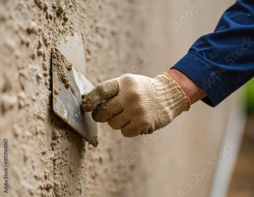 コテで壁を塗る職人の手