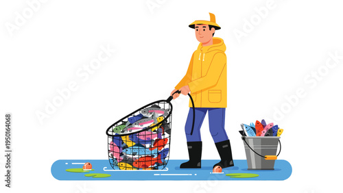 Fishing in a Pond: A man in yellow raincoat skillfully nets a vibrant array of colorful toy cars in a serene pond setting, next to a bucket filled with some toys. A playful scene.