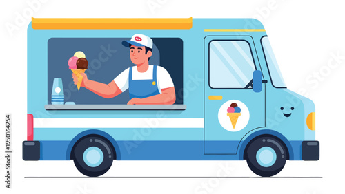 Sweet Treat Truck: An illustrated view of an ice cream vendor preparing a multi-flavored cone from a mobile food truck, ready to brighten any day with a sweet treat.