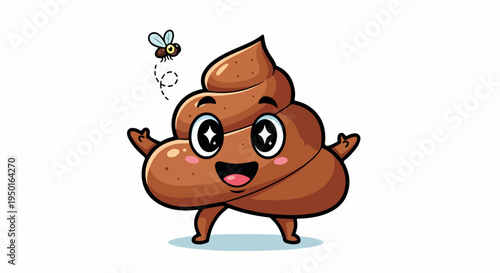 A cheerful cartoon poop character with a fly buzzing around it, standing on a light blue shadow against a clean white background with a playful mood.