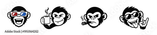 Small monkey emoji set with 3D glasses, thumbs up, speaking gesture and rock hand sign. Funny black vector reaction icons for chat, stickers, social media and streaming graphics.