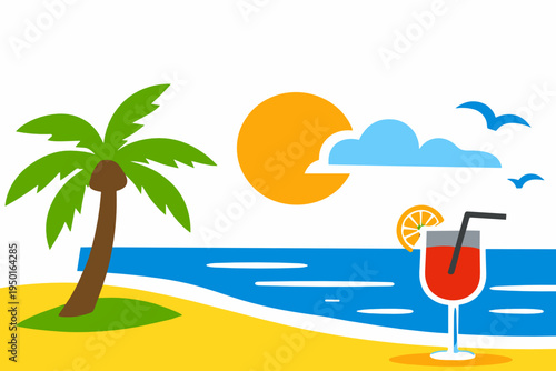 Tropical beach with palm tree and red cocktail glass by the sea at sunset. Vacation bar, leisure and summer refreshment concept in flat vector style.