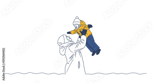 Parent tossing child in the air winter fun minimalist line art