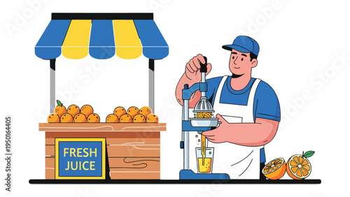 Fresh Juice Stand: An illustration of a friendly vendor meticulously pressing fresh oranges to create a refreshing and healthy beverage, his stall brimming with the promise of natural goodness.