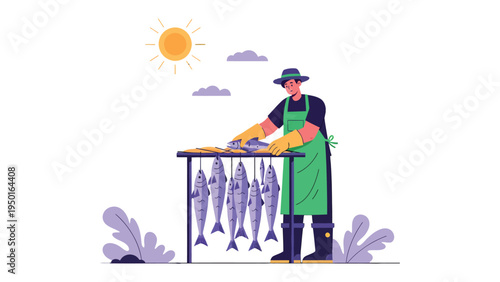 Fish Drying Process: A diligent figure, clad in workwear, meticulously arranges freshly caught fish on a drying rack under the warm embrace of the sun. Embodying the essence of preparation.