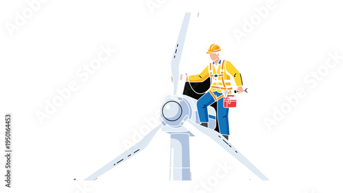 Wind Turbine Maintenance: A technician, equipped with safety gear, meticulously inspects a wind turbine, symbolizing the intersection of human expertise and sustainable energy.