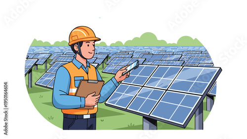 Solar Panel Inspection: A dedicated engineer meticulously inspects rows of solar panels, embodying the promise of sustainable energy and technological advancement.