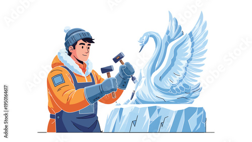 Sculptor Crafting Ice Sculpture: An artist diligently chisels away at a block of ice, shaping a beautiful swan sculpture with skill and precision.