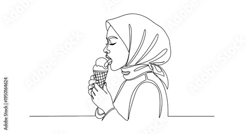 Woman in hijab eating ice cream line art with represents cultural