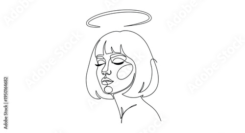 Minimalist angel woman line art portrait with halo with single line