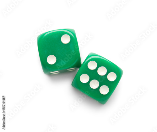 Photography Green game dices on white background
