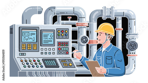 Precision at the Controls: A skilled technician diligently monitors complex machinery, ensuring operational efficiency and optimal performance within an industrial setting.
