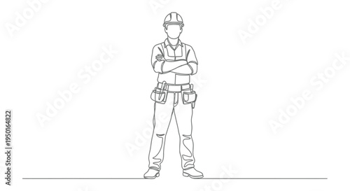 Construction worker arms crossed one line drawing with single line