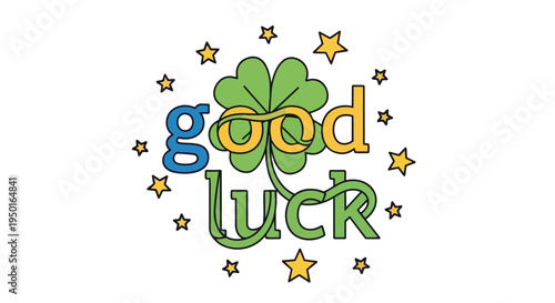 Whimsical Good Luck Text with Four-Leaf Clover and Shimmering Stars on White Background