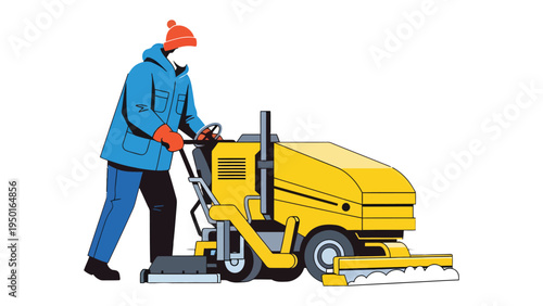Snow Removal Work: A diligent worker operates a yellow snow removal machine on a crisp winter day, clearing the way.