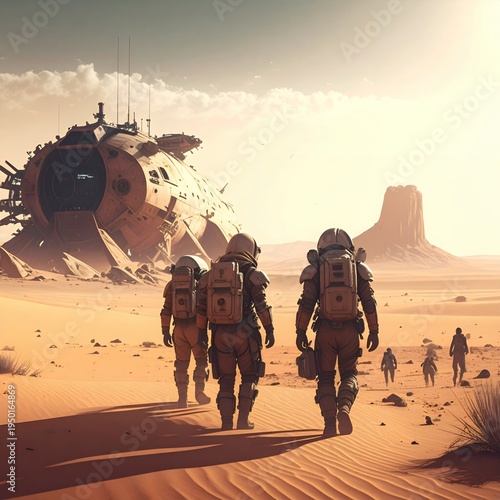 Astronauts explore a desolate alien desert landscape with a crashed spaceship and distant rock formations under a bright sky.