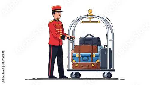 Bellhop with Luggage Cart: A friendly bellhop, in a distinguished red uniform, assists guests with their luggage. The illustration captures the essence of hospitality and travel.