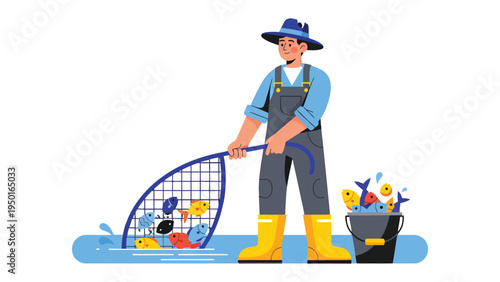 Fishing Harvest: A person expertly uses a net to gather a vibrant array of fish, symbolizing the rewarding bounty of the sea or a successful catch.