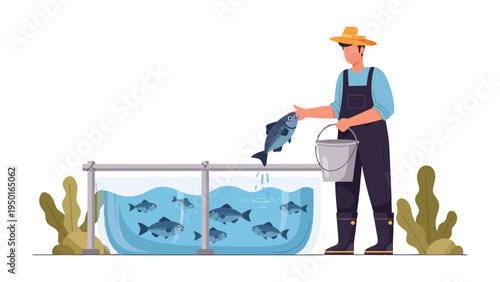 Fish Farm Harvest: A farmer tends to his fish farm, demonstrating sustainable aquaculture practices by harvesting and feeding the fish with care.